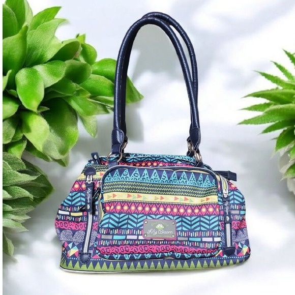 Lily Bloom‎ Satchel Handbag Multi Compartment Zip Colorful Boho Tribal Bag Nwot - Picture 1 of 13
